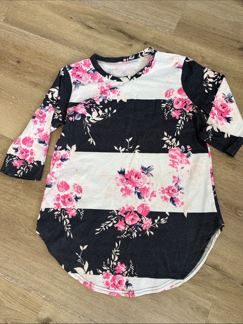 Floral Striped Black and White Women’s Tunic Top with Pink Roses